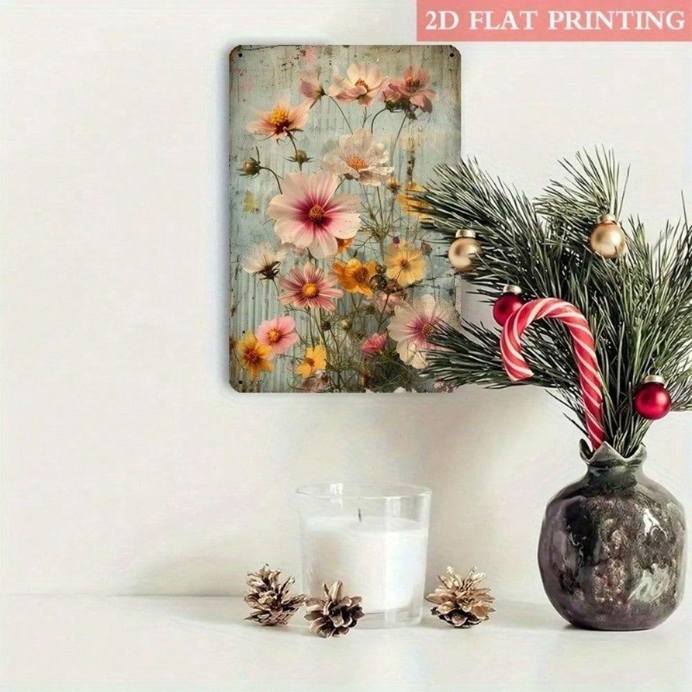 Vintage Metal Poster Wall Art, Cosmos Flower Decor for Living Room