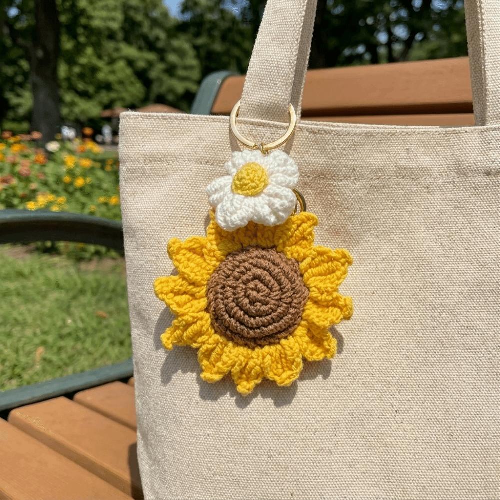 Cotton Knitted Keychain With Rope Bag Lanyard Charm Cute Crochet Sunflower Pendant Daily