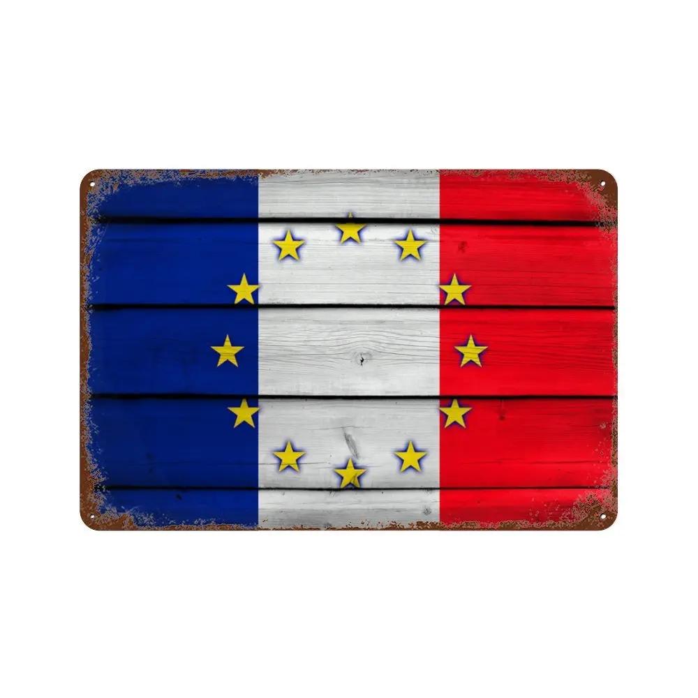 Targa in metallo con emblema in legno vintage, targa in metallo, Francia, Spagna, Svizzera, USA, piatti decorativi per la decorazione della parete del bar della caverna dell'uomo