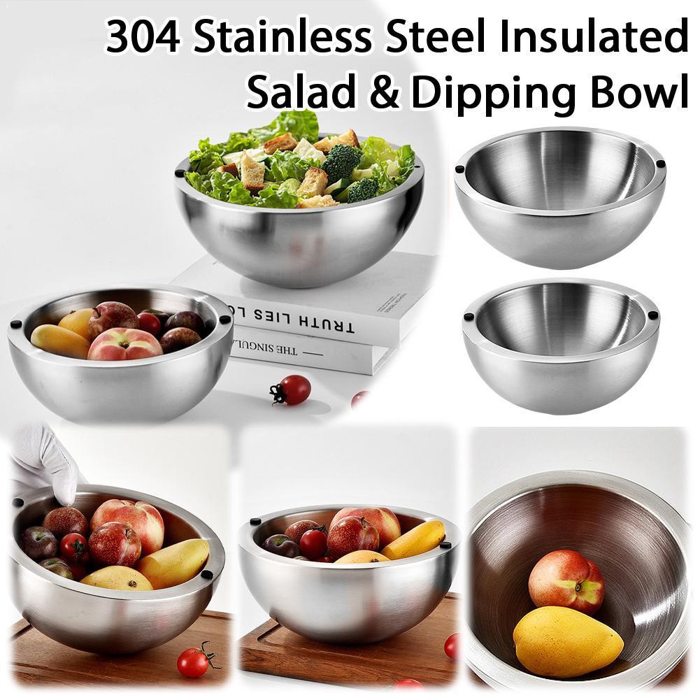 304 Stainless Steel Insulated Salad & Dipping Bowl Multifunctional Cooking Basin Noodle Bowl Round Silver Bowl Kitchen Gadget
