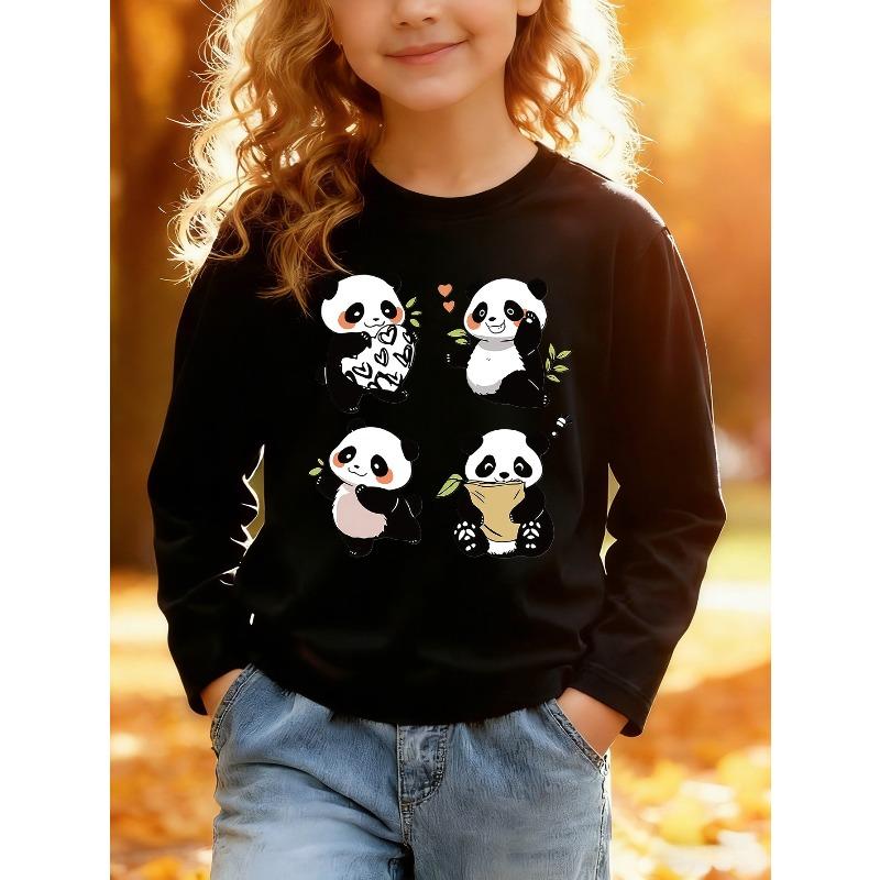 European Sizes Kids' Cartoon Print T-Shirt, Stylish Long-Sleeve Top for Kids, Featuring a Cartoon Panda Design, Suitable for Everyday Casual Wear