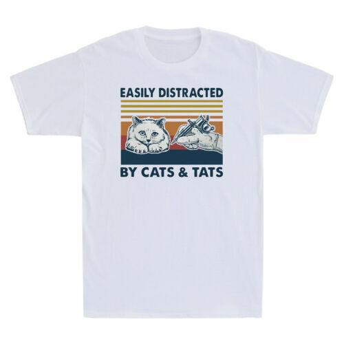 Easily Distracted By Cats And Tats Tattooist Funny Cat Vintage Men T-shirt Tee XXXXL