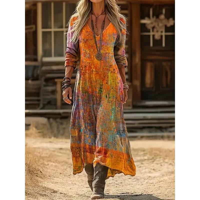 Creative Tie-dye Printing Women's New V-neck Long-sleeved Dress Medium and Long Dress