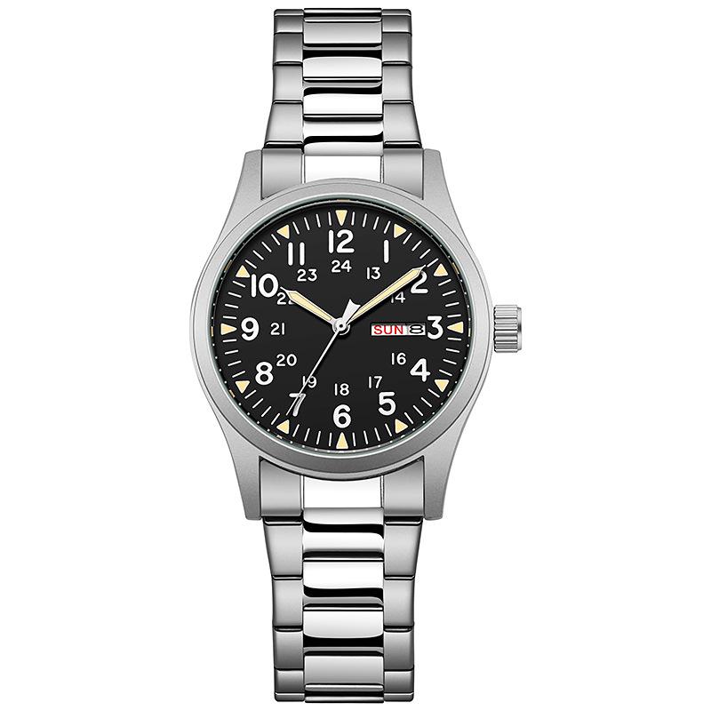 Heren 38mm Lichtgevende Wijzerplaat Dag Datum Horloge Licht op in het Donker Groen 30M Waterdicht Veldhorloge met Roestvrijstalen Band Beste Cadeaus Klok