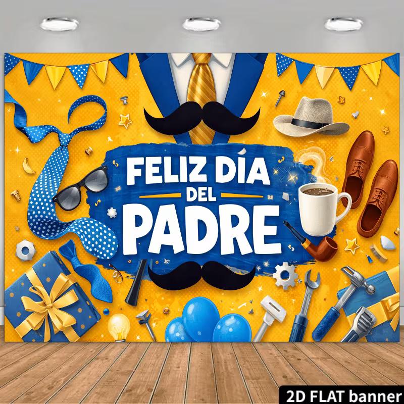 2D Feliz Dia del Padre Backdrop with Tools, Coffee & Mustache Party Decoration Banner