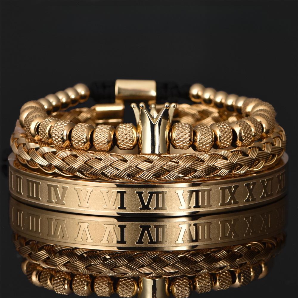 

Smooth Crown & Pineapple Bead Roman Numeral Twist Bracelet Set