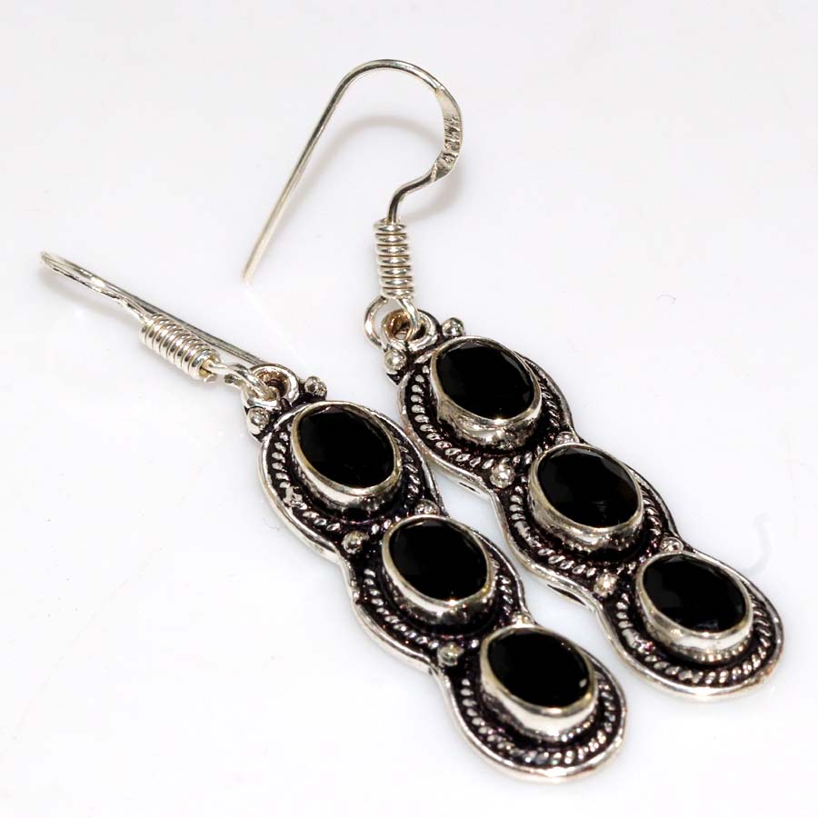 Exclusive Black Onyx 925 Silver Plated Earrings 2" Stylish Gift Trendy J7L55