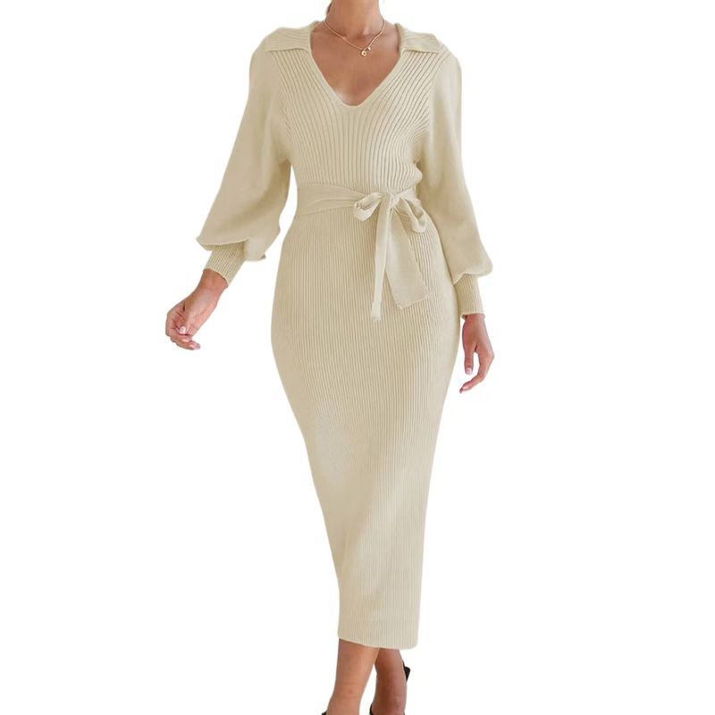 Western Style New Fashion Lace-up Slim fit Knitted dress Knitted Long Sleeved Dress