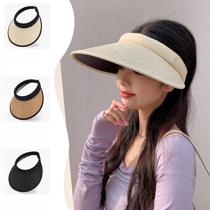 

New Summer Sun Protection Hat UV Headband Straw Woven Empty Top Big Brim Showing Face Small Straw Hat average size
