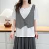 2026 Summer Faux 2-Piece Plus Size Short Sleeve Color Block Slimming Top for Women