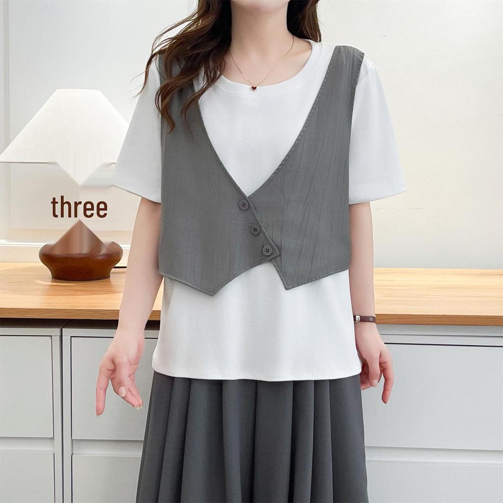2026 Summer Faux 2-Piece Plus Size Short Sleeve Color Block Slimming Top for Women