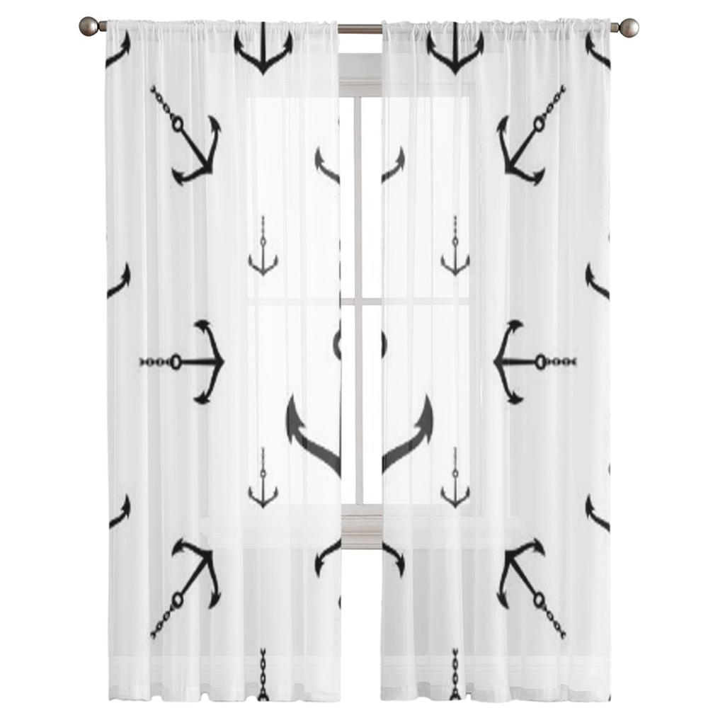 Anchor Icon Pattern Tulle Curtains For Living Room Decoration Modern Veil Chiffon Curtains Bedroom Sheer Voile
