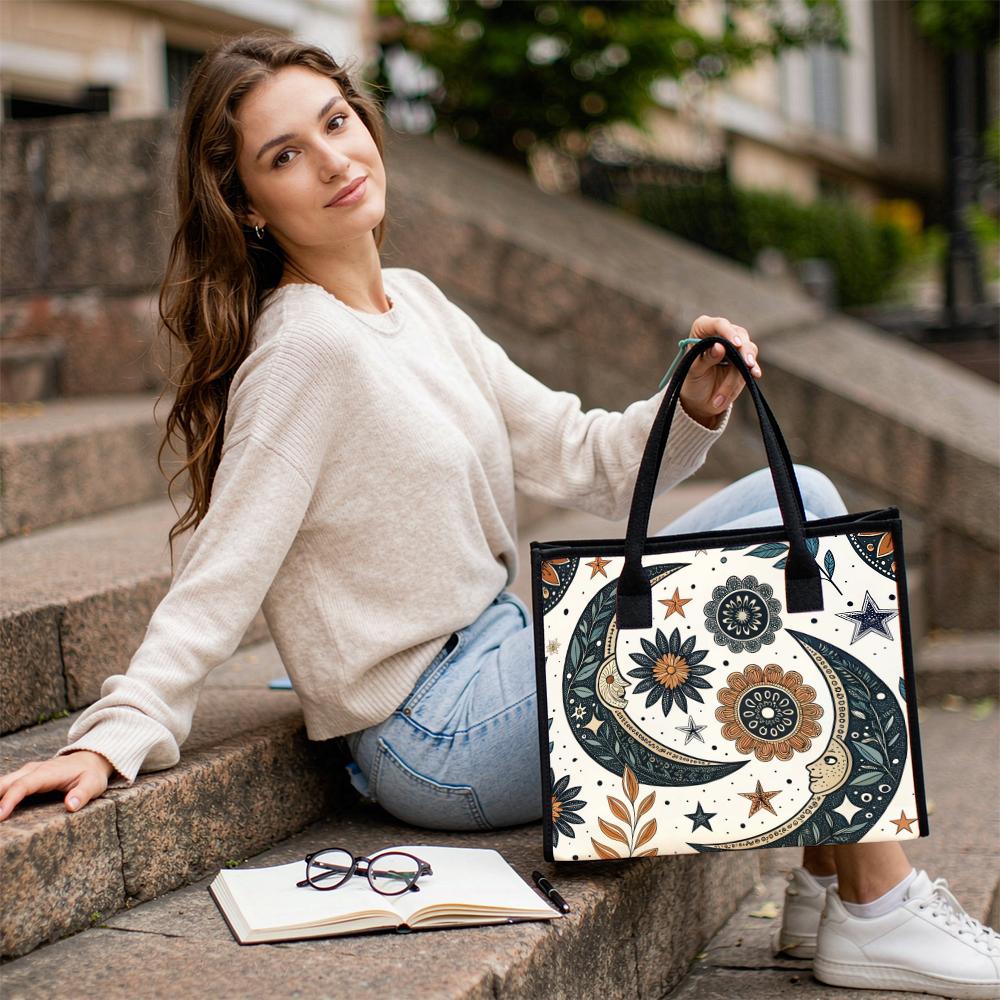 Boho Moon Floral Printed Canvas Tote Bag Casual Portable Shopping Handbag for Daily Use