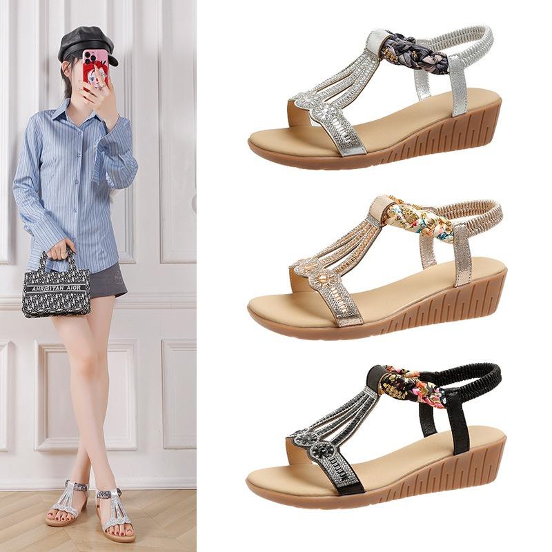 Wedge sandals women's large size summer new bohemian rhinestone elastic foot sandals