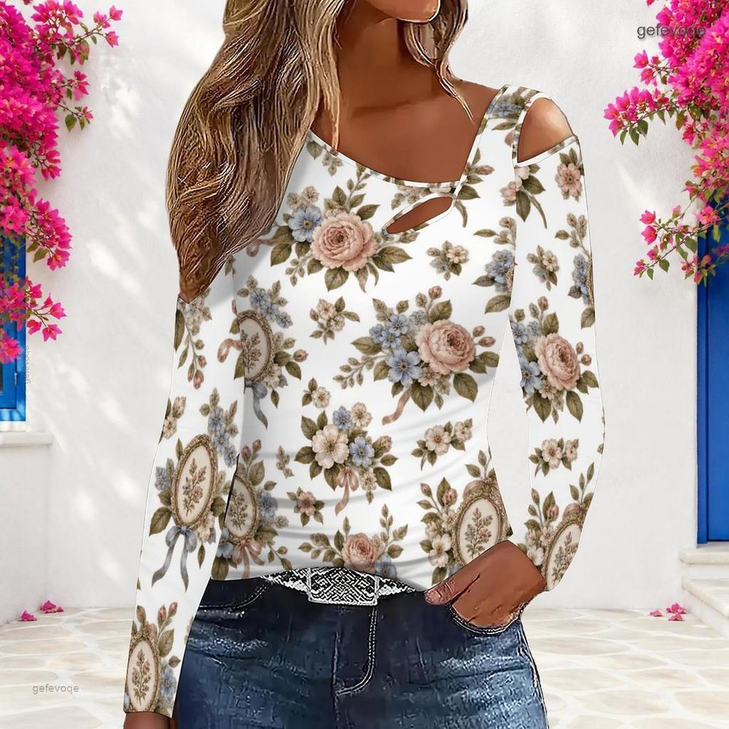 Women Plus Size White Floral Printed Asymmetric Cutout Cold Shoulder Long Sleeve Fitted Blouse
