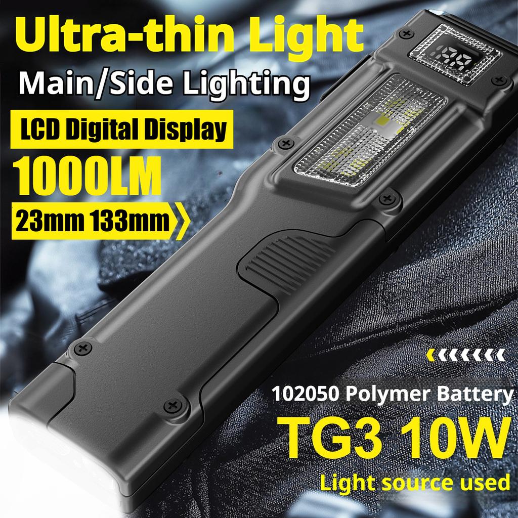 New Portable Flashlight Ultra-thin Rechargeable LED Flashlight Portable Work Light, Cold Resistant, Camping, Patrol, Battery Display