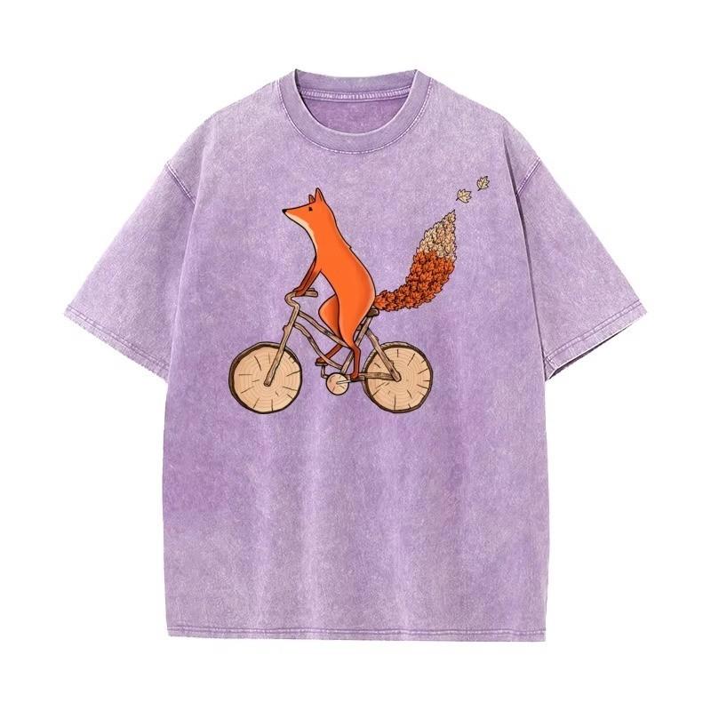 Riding Fox Printed Outdoor Fathers Day High Quality Cotton Round Neck Tshirt Short Sleeve Washed Top Shirt Womens Tshirt