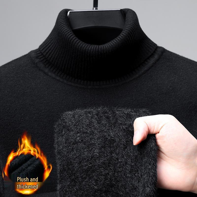 Men's Wool Blend High Neck Knit Sweater with Velvet Fleece Lining
