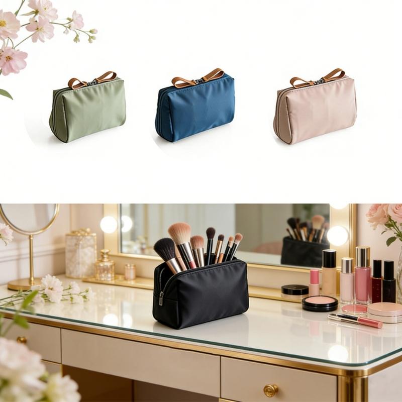 Travel Makeup Bag Smooth Nylon Cosmetic Case with Top Opening for Bathroom Counter Storage and Daily Personal Care Use