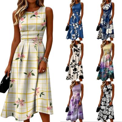 Sleeveless Casual Midi Dress Women Floral Print Round Neck Summer Dress Lightweight Comfortable Fit and Flare Dress for Daily Wear