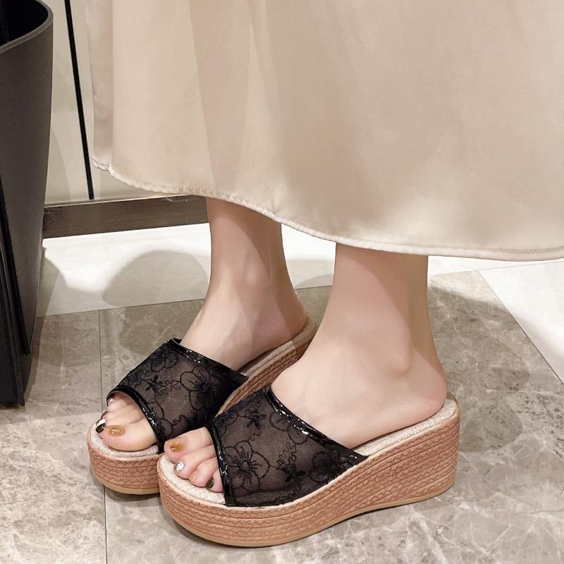 Fashion Women's Slope Heel Sandals Summer New Round Head Open Toe Net Cloth Embroidery Thick Sole Non-slip High-heeled Slippers