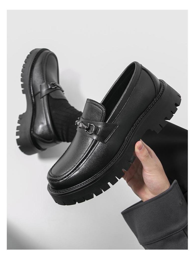Men's Thick-Soled Patent Leather Height-Increasing Shiny Loafers with Chunky Heels
