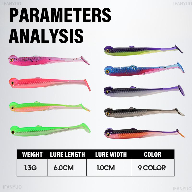 15PCS Fishing Lures 6cm 1.3g PVC Soft Bait T-Tail Swimbait Wobblers Slow Sinking Artificial Lure Pike Bass Fishing Tackle Pesca