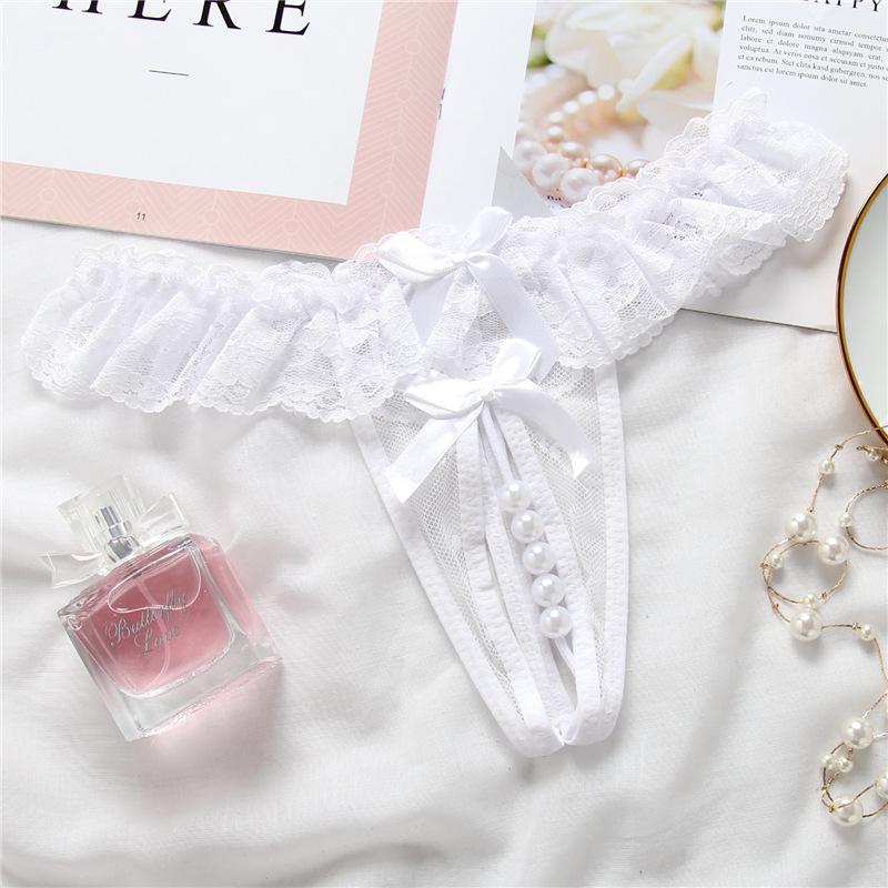 Lace Crotchless Pearl Thong - Sexy Transparent T-Pants, Plus Size, Erotic Open Crotch.