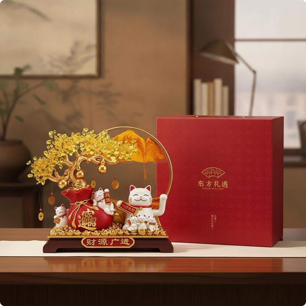 Wealth Tree Ornament with Auspicious Cat Traditional Maneki-Neko Display Festive
