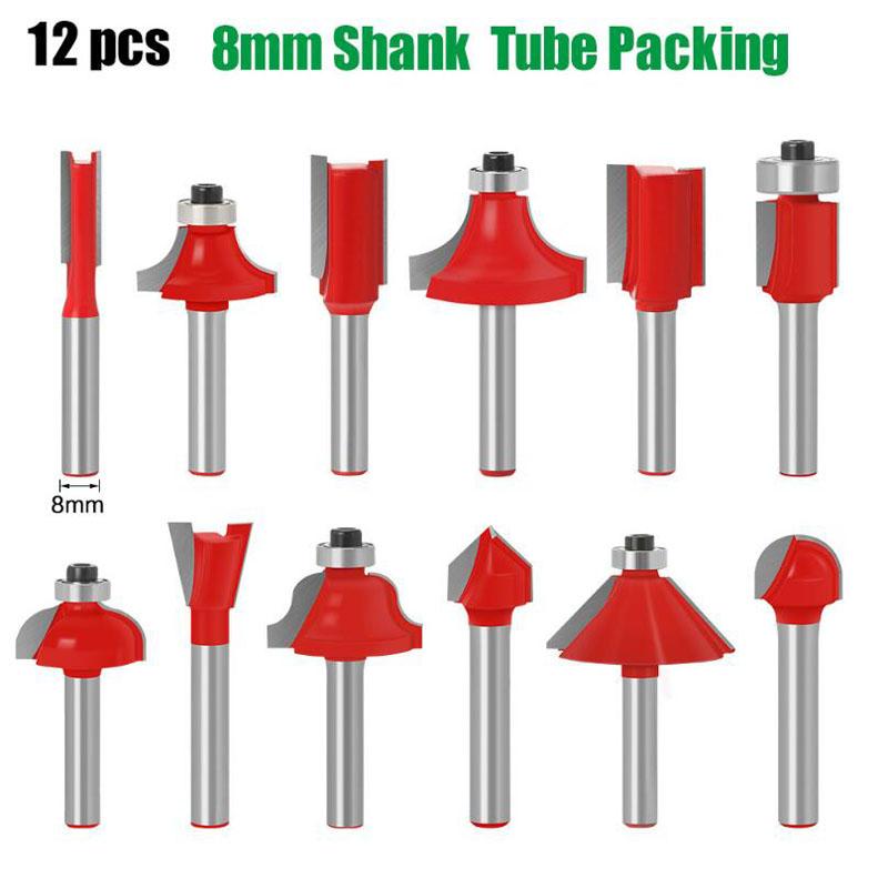 12Pcs 6mm 1/4inch 8mm Shank Woodworking Router Bits Set Milling Cutter for Wood Flush Straight Chamfer Trimming Engraving Tool