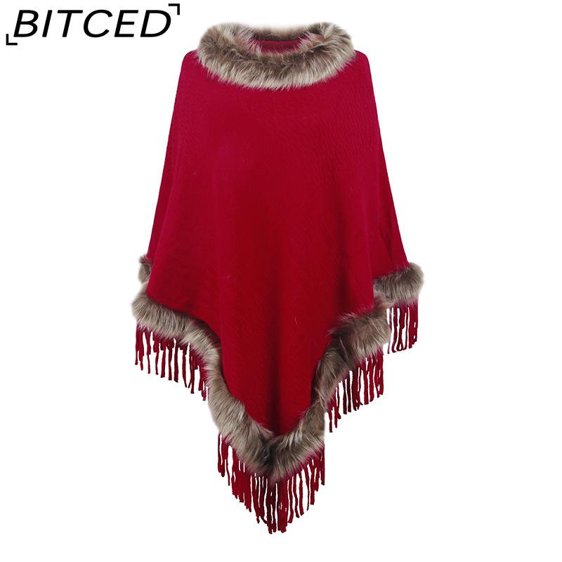 BITCED Knitted Fringe Cape for Women - Autumn/Winter Solid Colour Oversized Pullover Shawl Coat