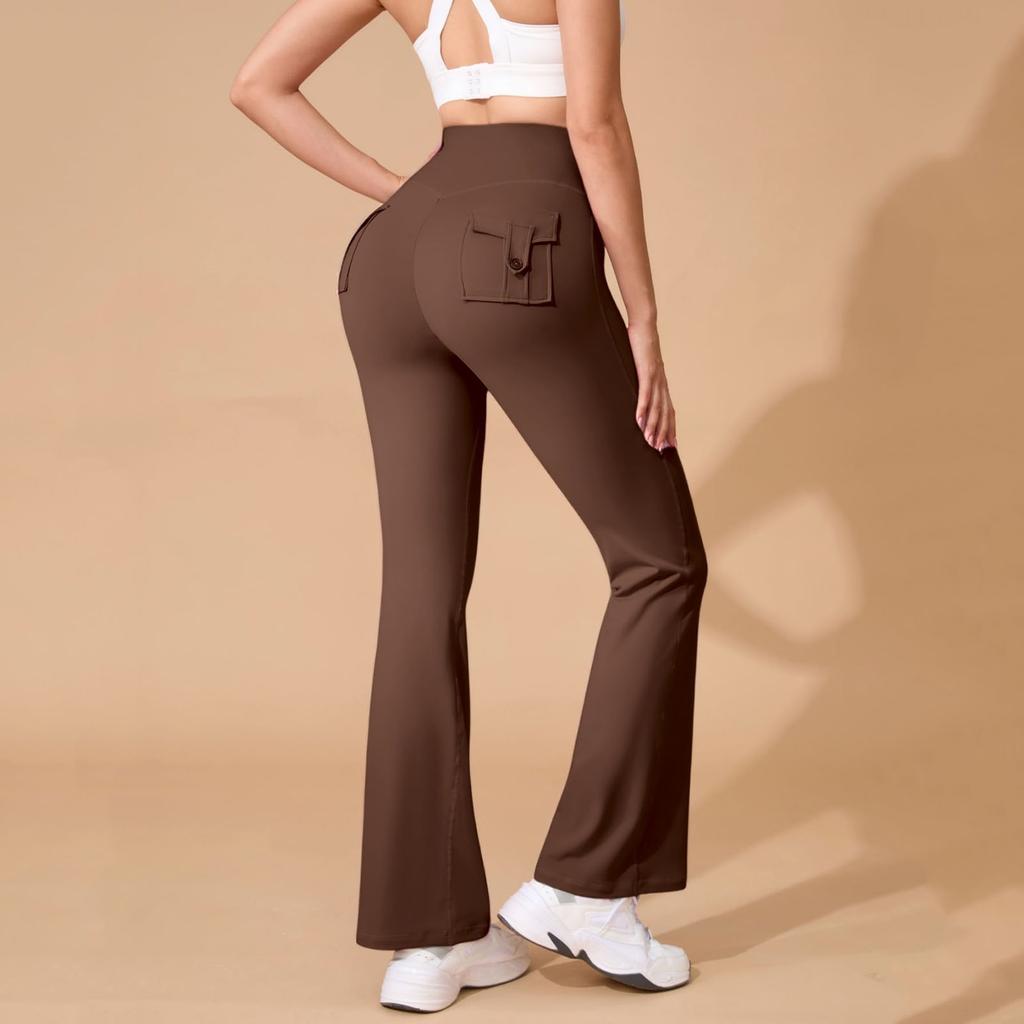 Women's Yoga Tight Pants Outdoor Sports Fitness Flared Pants With Pocket Crowns