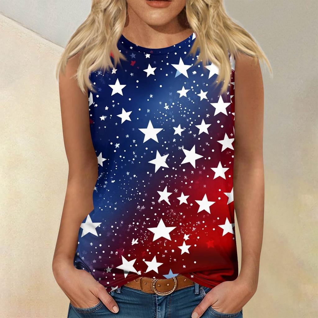 Women's Fashion Casual T-Shirt Round Neck Sleeveless Independence Day Printed Vest Top