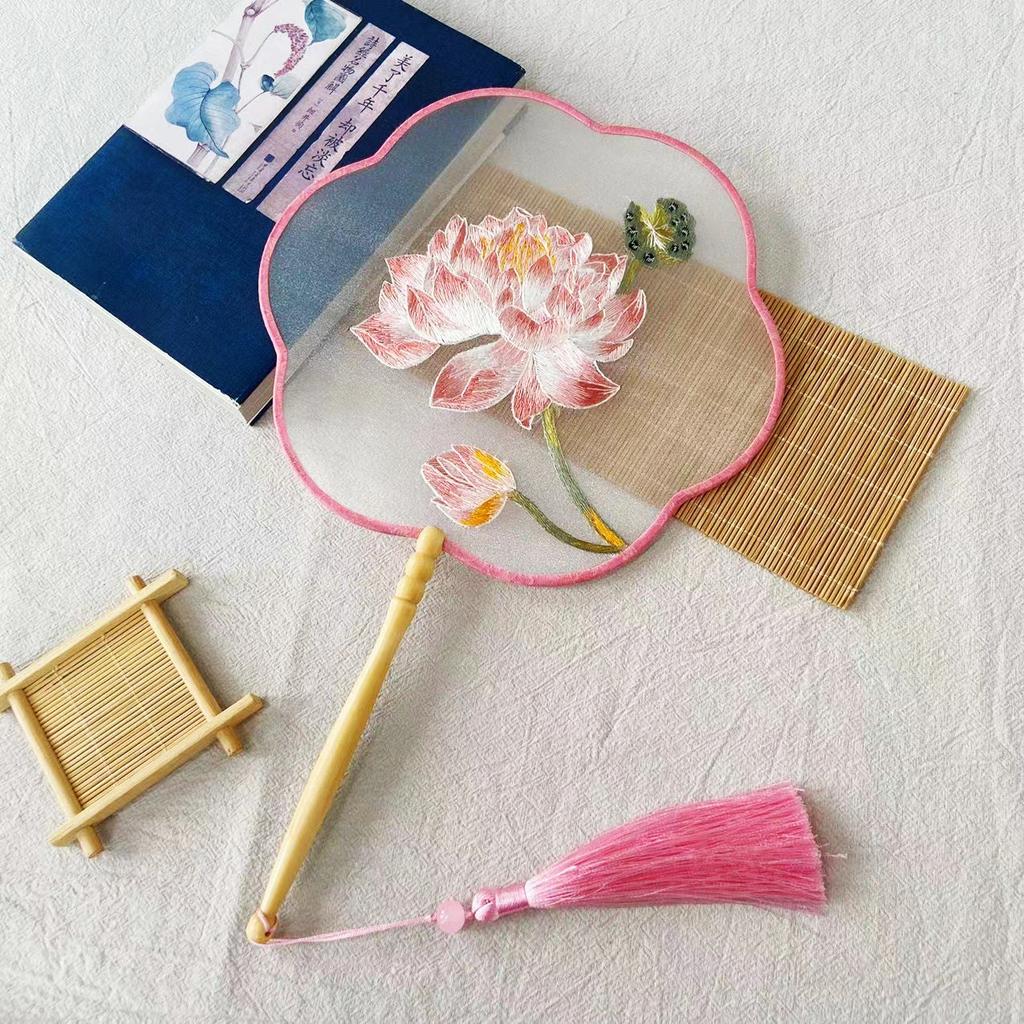Embroidery Round Fan Classical Long Handle Group Fan Dance Fans Photography Props Home Decor
