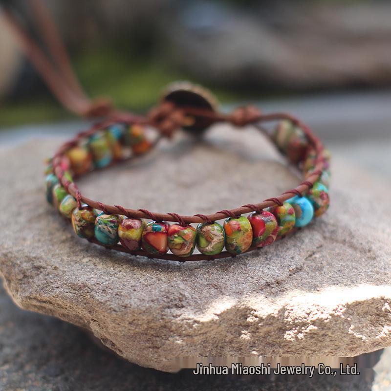 Freeform Shoushan Stone 5x7 Emperor Leather Woven Bohemian Bracelet