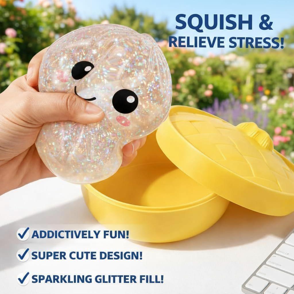 Squishy Dumpling Stress Relief Toy, Slow Rising Sensory Fidget, Soft Texture Glitter Bead, 1 Pack