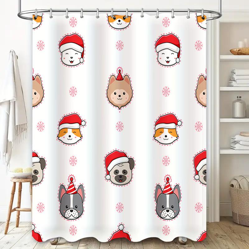 Adorable Dogs Christmas Shower Curtain Set for Bathroom Decor Waterproof Fabric with Santa Hats Snowflakes Pattern