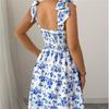 Strap Top Floral Dress Women A-line Sleeveless Lace Up Pleated Hem Spring Summer S-XL