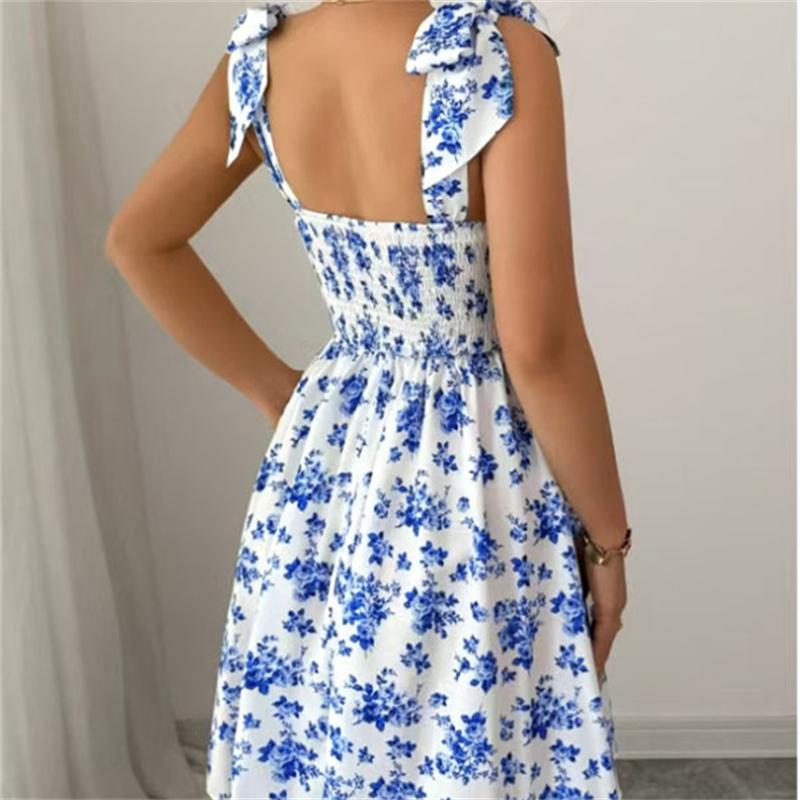 Strap Top Floral Dress Women A-line Sleeveless Lace Up Pleated Hem Spring Summer S-XL