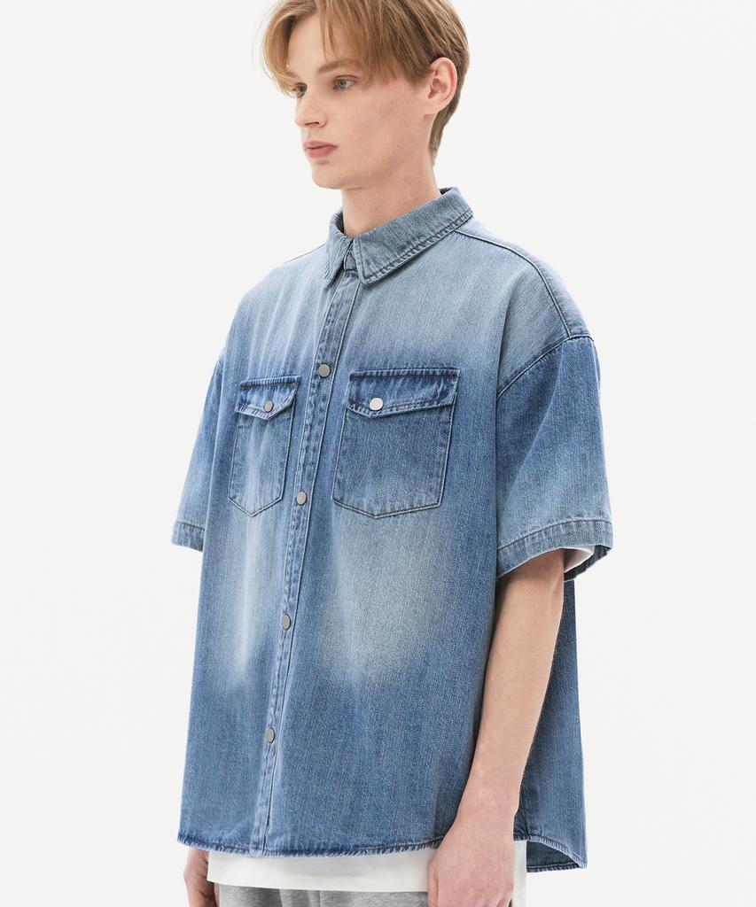 TRILLION Rain Slub Washed Oversized Denim Short Sleeve Shirt (Sky Blue)