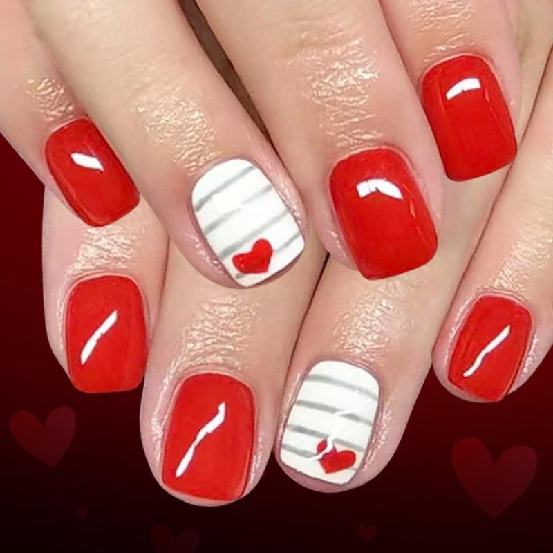 

Valentines Day Themed Glossy False Nail 24pcs Red Heart Silver Stripe Design Short Square Press On Nail For Women 1