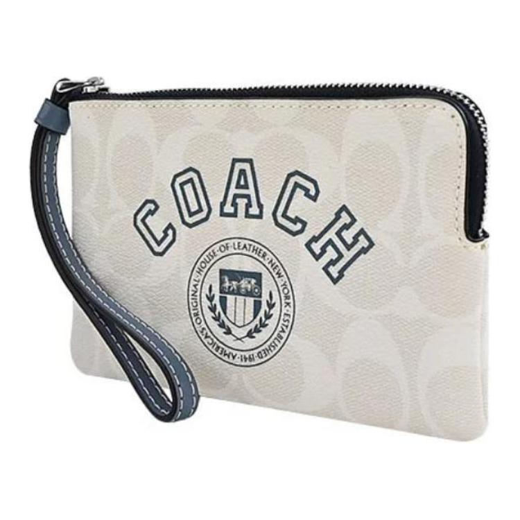 New COACH Corner Zip Coated Canvas With Smooth Leather Wrist Bag Clutch Small Women's Chalk White & Indigo CB855-SVUON