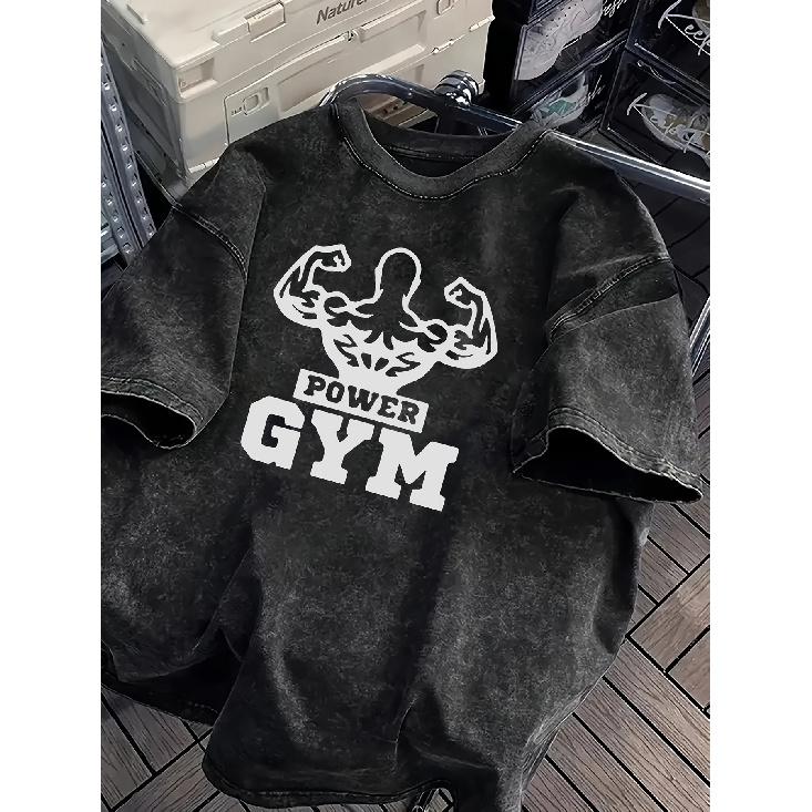 Men's Heavyweight 100% Cotton Vintage Washed T-Shirt - Oversized Relaxed Fit Gym & Streetwear with Power Gym Graphic Print, Muscle Flex Design,