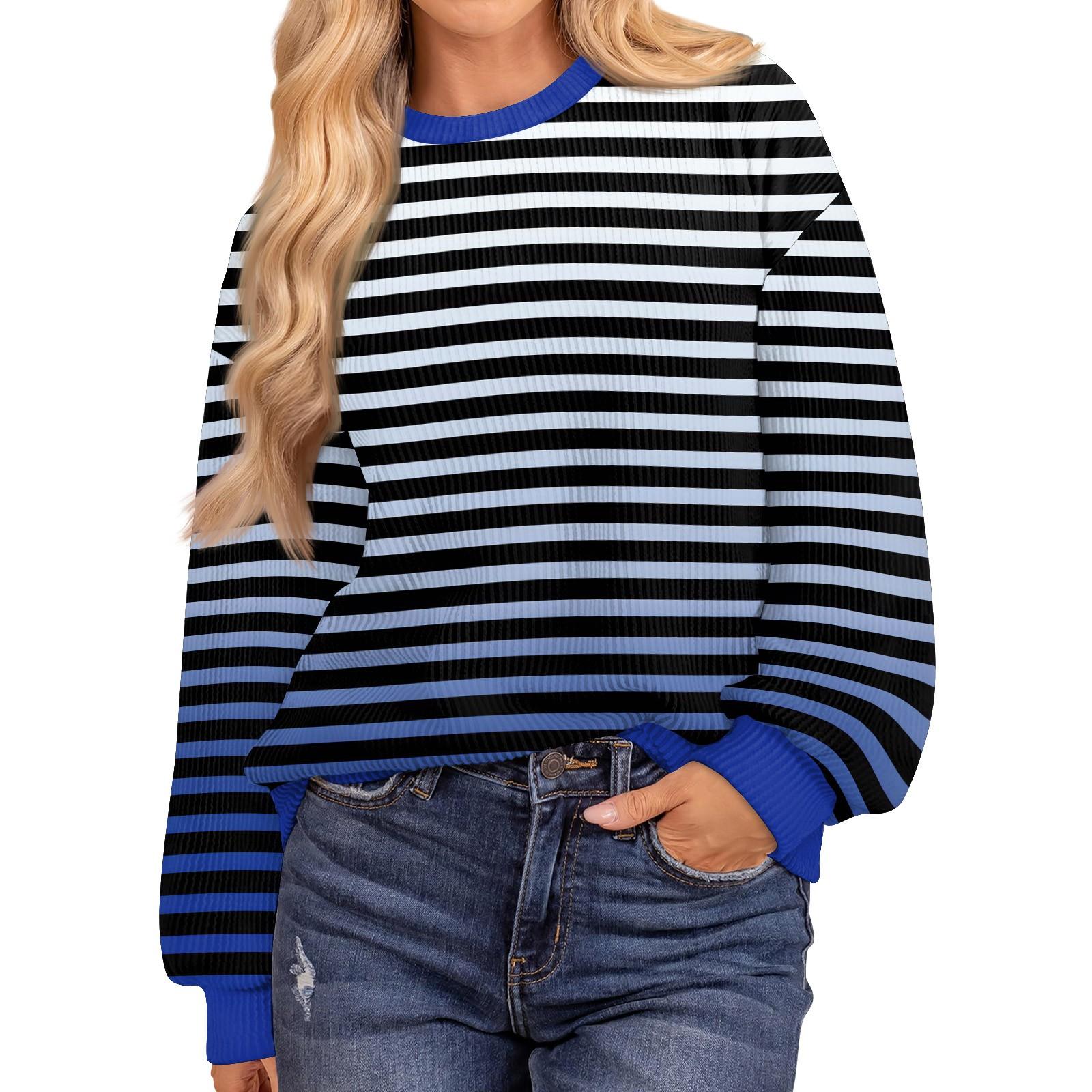 

Женские повседневные свободные туники, топы с круглым вырезом, трикотажные ребристые рубашки с принтом, длинный рукав, пуловер, топ L синий