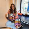 Women Cardigan Sweater Colorful Striped Knitted Coats Long Sleeve Knitwear Jackets Fall Winter Casual Versatile Cardigan