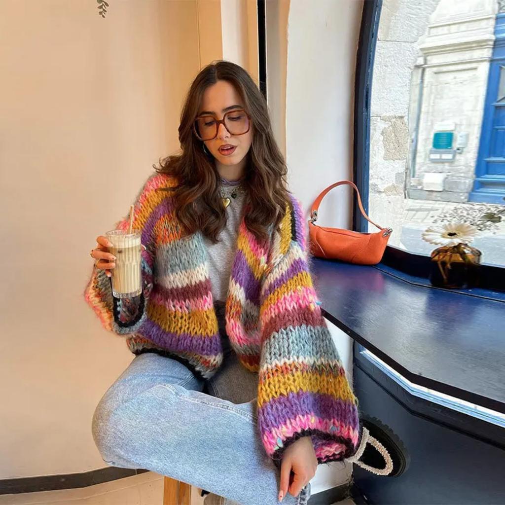Women Cardigan Sweater Colorful Striped Knitted Coats Long Sleeve Knitwear Jackets Fall Winter Casual Versatile Cardigan