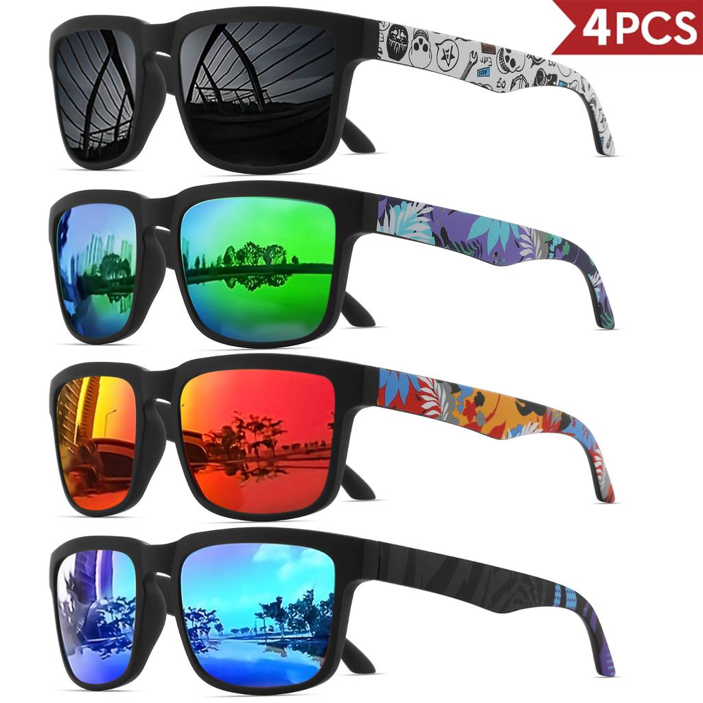 4PCS Square Sports Sunglasses with Designer Temple Pattern - UV400 for Men Women Beach Vacation 7
