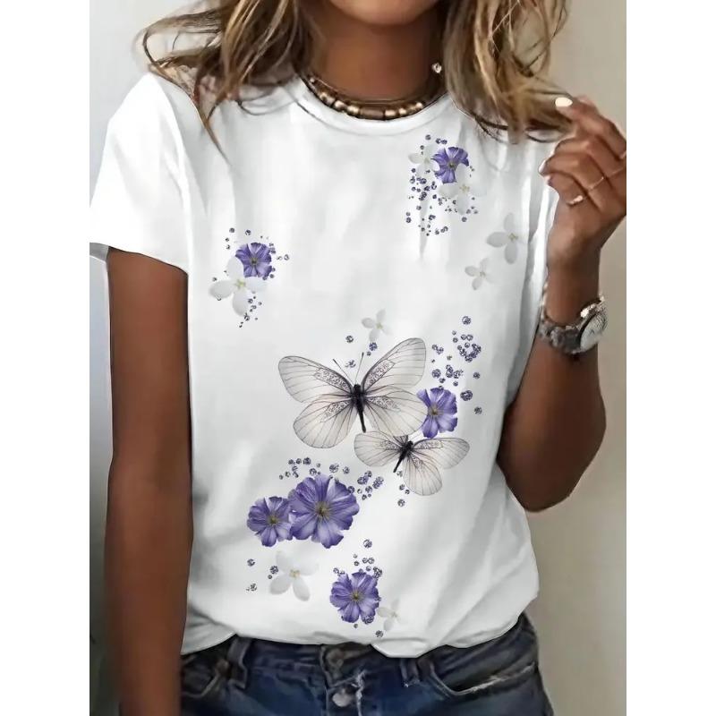 Summer Round Neck Women's T-shirt Fashionable 3D Flower Print Short Sleeved Casual Top Y Street Women's Clothing