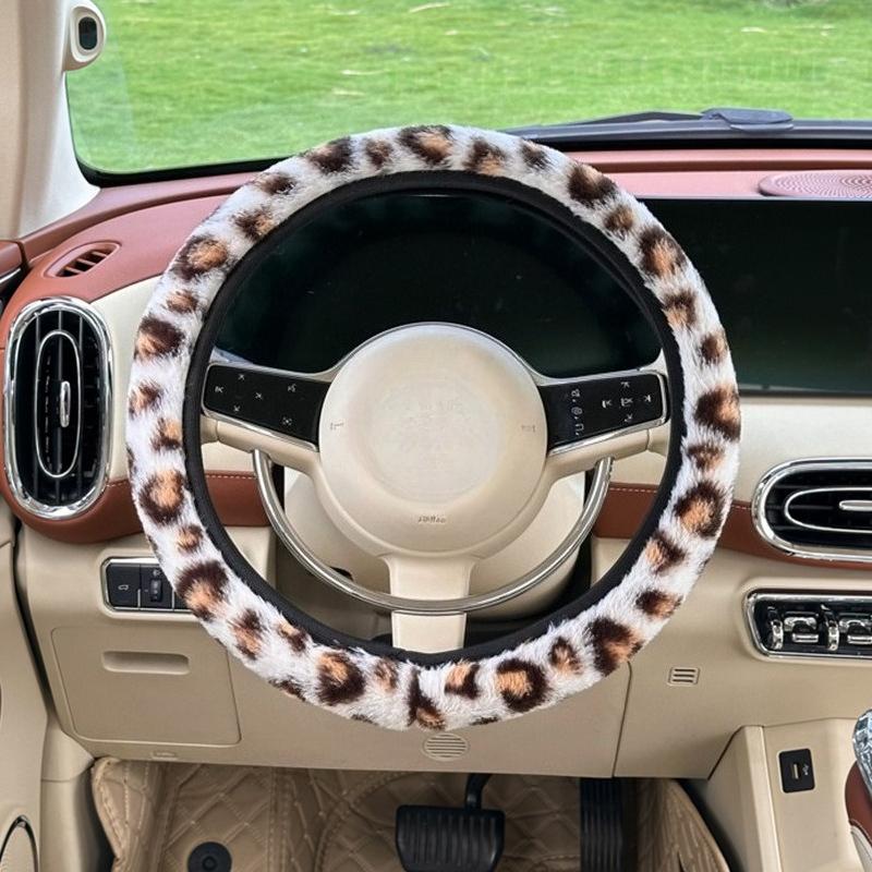 Leopardenmuster Auto Lenkradbezug Winter Plüsch warm rutschfest ohne Innenring Lenkradschutzbezug
