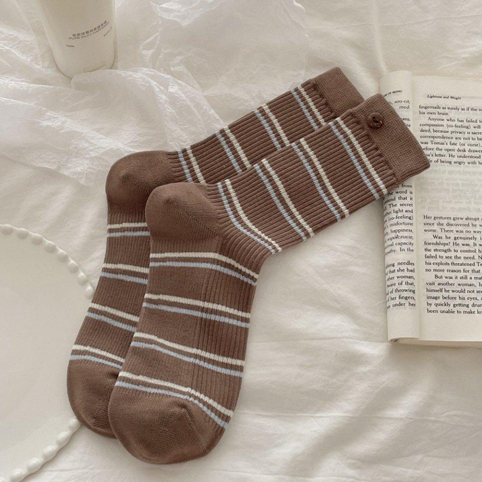 Retro Striped Socks for Women In Autumn and Winter, Slightly Pressed for Slimming, Long Thigh-high Socks, Button-pile Socks, Cotton Socks